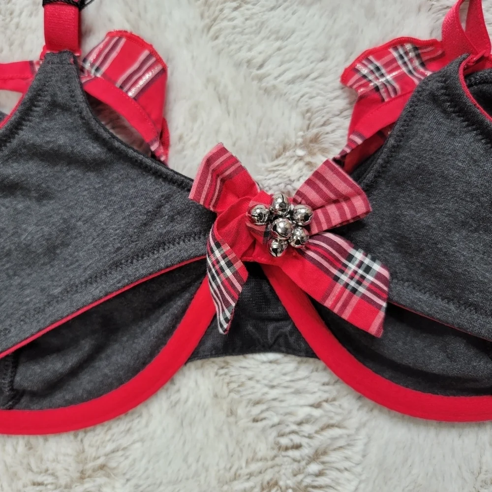 Victoria's Secret Gray Red Plaid Trim Bells Accent Unlined Demi Bra NWT Size 36D